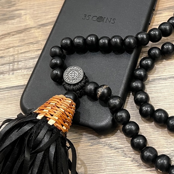 {35 Coins} Black Beaded iPhone 11 & XR Sash | Leather Free People Necklace Case - Picture 11 of 16